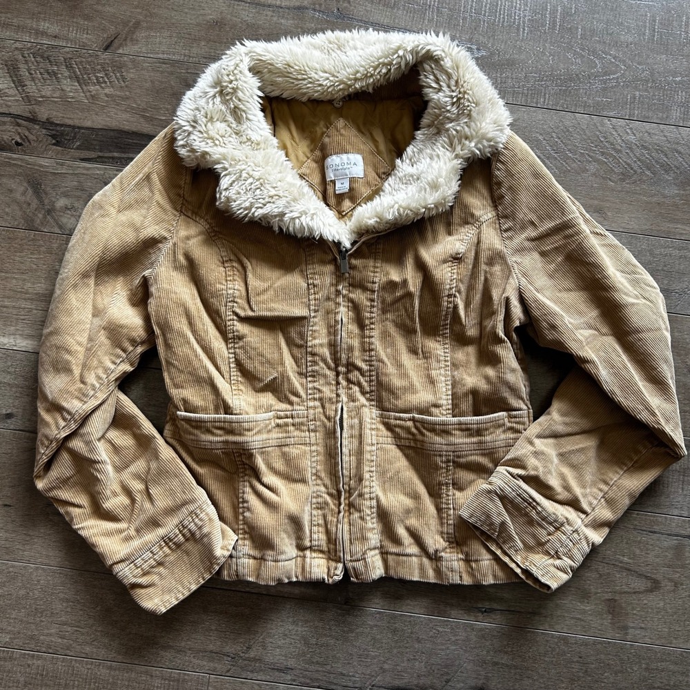 Y2K Sonoma Women's Tan Corduroy Faux Fur Collar Quilted Zip Jacket M